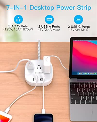 10 Ft Flat Plug Power Strip with 3 AC Outlets & 4 USB Ports, Ideal Desktop Charging Station for Cruise Ships & Dorms – Compact Design & Fast Charging for Multi-Device Use