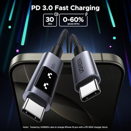 UGREEN Uno USB C to USB C Cable – 100 W Fast Charging with LED Display, 3.3 FT Length, Ideal for i Phone 16, Mac Book Pro, i Pad Pro, Galaxy S24 Ultra – High-Speed Data Transfer, Durable Design for Ultimate Convenience and Performance