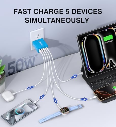 50 W Dual Type C Fast Charging Power Adapter 2-Pack – High-Performance USB-C Charger for i Phone, Samsung, i Pad, and Nintendo Switch – 5-Port Multi-Device Charger for Home and Travel – Compact, Safe, and Reliable Charging Solution