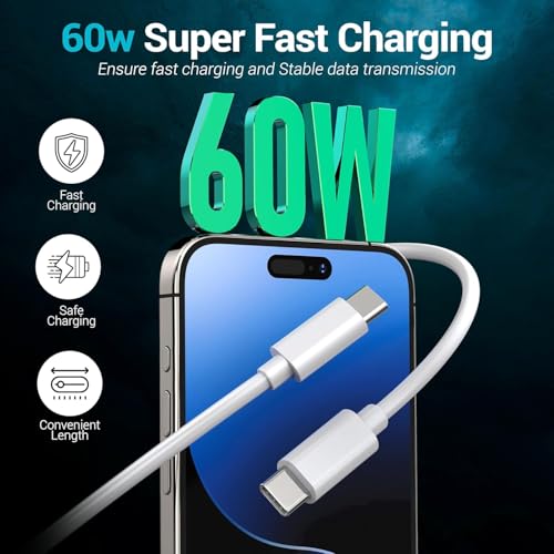Ultimate 5-Pack 6 ft USB C to C Fast Charging Cables – 60 W Power Delivery for i Phone 16 Series and Galaxy S25, S24, S23, S22 – Durable, Flexible, High-Speed Charging Solution in Sleek White Design for Home & On-the-Go Use
