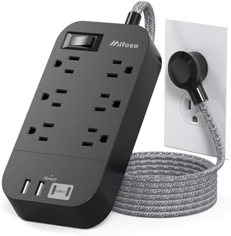 10 FT Flat Plug Power Strip with 6 Outlets and 4 USB Ports – Overload Protection Surge Protector for Home & Office – Versatile Wall Mount Desktop Charging Station for Efficient Power Management and Fast Device Charging