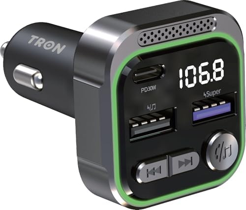 Tron 30 W Bluetooth FM Transmitter: Dual USB-C & USB-A Fast Charging Car Adapter with Enhanced Compatibility for Seamless Streaming and Hands-Free Calling – Ideal for Modern Drivers Seeking Efficiency and Style