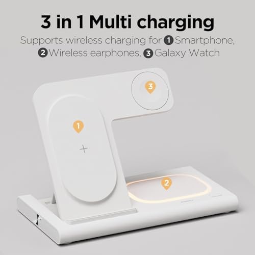 Mooas 3-in-1 Fast Wireless Charging Station with Nightlight – 15 W Multi-Device Charger for i Phone 15/14/13/12/11/XR/XS/8, Samsung Galaxy S24/23/22/21, Air Pods & Apple Watch – Sleek, Space-Saving Design for Enhanced Compatibility and Convenience