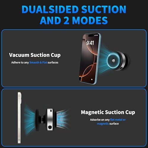 Ultra-Strong Magnetic Car Phone Holder with Vacuum Suction for Any Smooth Surface – 360° Rotating MagSafe-Compatible Phone Mount for iPhone/Android, Dashboard Windshield Car Accessories. Black – Enhanced Compatibility and Speed