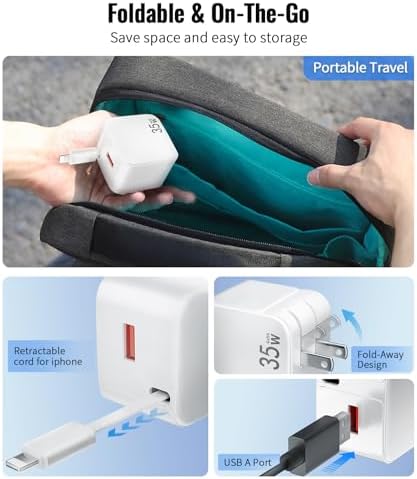 Rapid Charge 35 W Retractable Wall Charger with Built-In Cables – Cutting-Edge Gallium Nitride Technology for Swift Power Delivery to i Phone 14/13/12/11 Pro MAX/XR/XS/8/7 & i Pad – Compact & Travel-Friendly Design for Seamless Charging at Home, Office, or On-the-Go – Tangle-Free Convenience