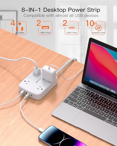 10 FT BESHON Surge Protector Power Strip with 4 Outlets & 4 USB Ports – Flat Extension Cord with 2 USB-C for Fast Charging – Space-Saving Flat Plug Design – 900 Joules Surge Protection for Home, Office & Dorm Room Essentials – Ultimate Power Management Solution
