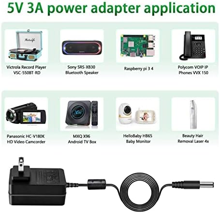 Reliable 5 V 3 A DC Power Supply Adapter – Universal AC Charger for Bluetooth Speakers, Record Players, and Baby Monitors – Intelligent Power Cord for Fast Charging and Enhanced Device Compatibility