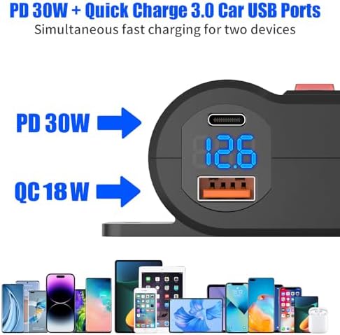 High-Performance 2-in-1 Car USB Charger & Cigarette Lighter Socket with PD 30 W and QC 18 W Ports – LED Voltmeter & 120 W Socket for Enhanced Safety and Compatibility in Cars, Boats, RVs, and ATVs