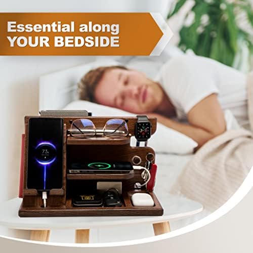 TESLYAR Wood Phone Docking Station for Men – Desktop or Nightstand Organizer – Birthday gifts for Men or Dad – Anniversary Idea from Wife – Key Holders, for Wallet, Watch & Essentials (Chestnut Brown) – Enhanced Compatibility and Speed