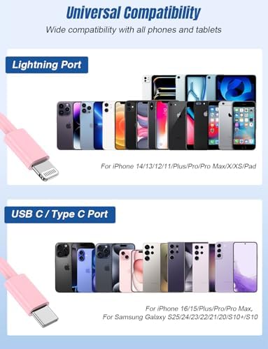 Versatile 3-in-1 i Phone Charger Cable – 6 FT USB C to Lightning with Triple Port Compatibility for i Phone 16/15/14/13/12/11 Pro Max/XS/XR/8 & i Pad Pro/Mini – Fast Charging Solution (2-Pack, Black) for Effortless Multi-Device Power Management