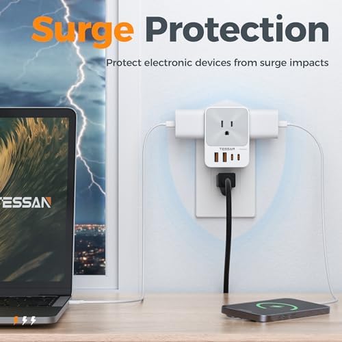 TESSAN 20 W USB C Charger Block with 3 Outlet Surge Protector – Fast Charging Multi-Port Wall Adapter for Home, Office, and Dorm Use – Compact Design with Enhanced Compatibility for All Devices