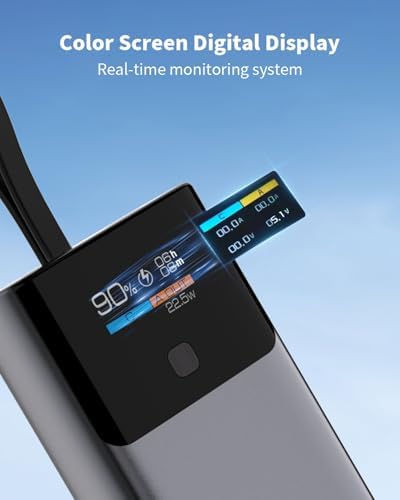 Miady 10000 m Ah PD 35 W Ultra-Fast Charging Power Bank with Smart Digital Display – Compact USB-C Portable Charger for i Phone 15/16, Galaxy S24/S22 – Multi-Device Charging with Built-in Cable and Real-Time Power Monitoring – Ideal for Travel and Outdoor Adventures