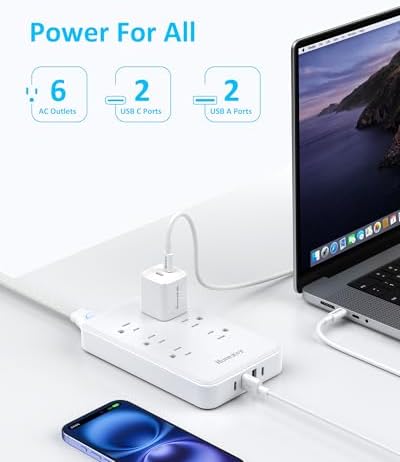 Maximize Your Charging Efficiency with Huntkey Easy Combo Surge Protector Power Strip – 6 AC Outlets & 4 USB Ports (2 USB-C, 2 USB-A), Customizable Cord Length for Ultimate Workspace Flexibility, Ideal for Home Office & Electronics Protection