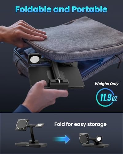 Joy Geek 3-in-1 Foldable Wireless Charging Station for Mag-Safe i Phone – Ultimate Travel Dock for i Phone 12-16 Pro Max, Apple Watch Series 4-10, and Air Pods Pro 2/3/4 – Fast, Compact, and Convenient Power Solution for On-the-Go Charging