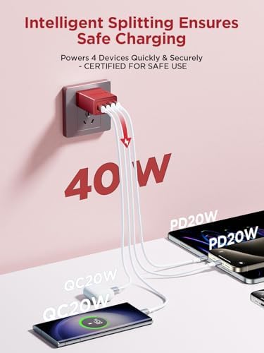 Aioneus 40 W USB C Fast Charging Block – 4-Port Dual PD & QC Wall Charger for i Phone 11-16, i Pad & Samsung Devices – Compact, High-Performance Power Adapter with Enhanced Safety Features for Home & Travel