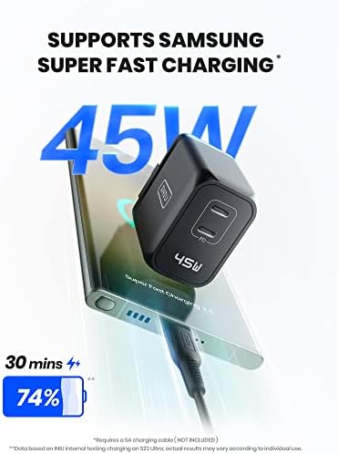 INIU 45 W USB C Fast Charger – Compact Dual Wall Adapter with Samsung Super Fast Charging 2.0, PD Technology for Rapid Power Delivery to i Phone 16/15 Pro, Samsung S23/S22 Ultra, Mac Book Air & More – Travel-Friendly Design with Foldable Prongs for Enhanced Portability and Safety