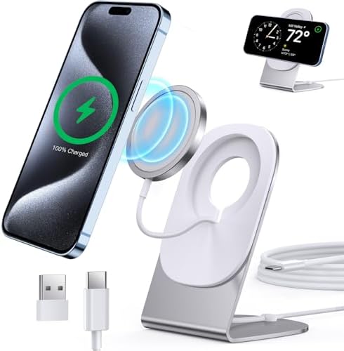 Magnetic Wireless Charger for i Phone 15/14/13/12 Series – Versatile Mag Safe Charging Stand with Dual Ports & 5 ft Cable for i Phone and Air Pods 2/3/Pro (Adapter Not Included) – Enhanced Speed & Seamless Compatibility for Effortless Power Solutions