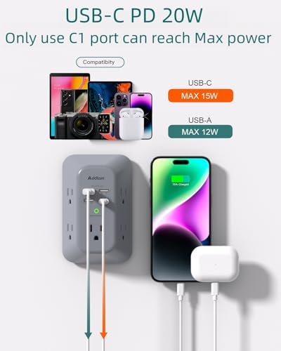 Addtam 5-Outlet Surge Protector with 4 USB Fast Charging Ports – Versatile Outlet Extender Power Strip for Home and Dorm Room Use, Enhanced Safety Features with Built-in Surge Protection, Compact Design for Easy Travel and Maximum Device Compatibility
