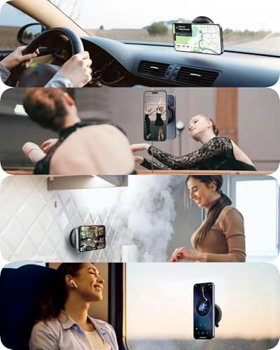 720°Rotatable Vacuum Magnetic Phone Stand, Vacuum Magnetic Phone Holder Foldable&Adjustable, Suction Cup Phone Mount for Car/Gym/Mirror/Shower/Smooth Surface, Compatible iPhone 16 15 14 13 12 &Android – Enhanced Compatibility and Speed