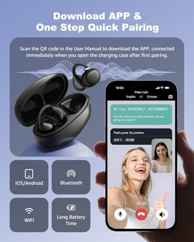 Next-Gen AI Translation Wireless Earbuds – Ultra-Light Bluetooth 5.4 Headphones with Hi-Fi Sound and Deep Bass for Dynamic Lifestyles, Effortless Multilingual Support in 163 Languages, Perfect for i OS & Android Users, Comfortable Open-Ear Design for Travel and Fitness Enthusiasts