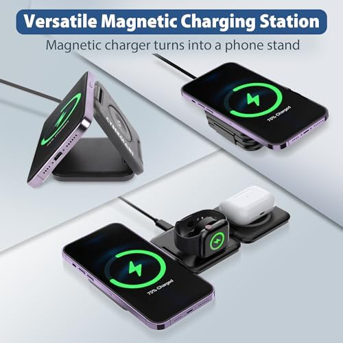Revolutionary 3-in-1 Foldable Apple Charging Station: Compact Magnetic Dock for i Phone, Air Pods & i Watch – Travel-Ready Power Hub with Adaptor & Protective Case (Chic White) – Enhanced Speed for Seamless Device Compatibility and Streamlined Charging Solutions