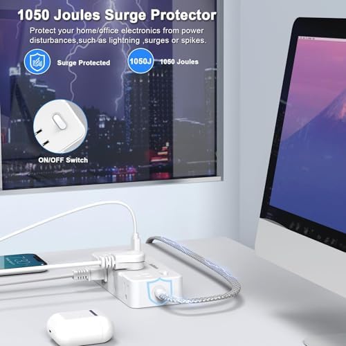 Ultimate Power Strip Surge Protector – 8 Outlet Multi Plug Adapter with 4 Fast-Charging USB Ports (2 USB-C), 5 FT Flexible Extension Cord, 45° Ultra-Slim Flat Plug Design for Seamless Wall Mounting in Office, Travel, or Dorm Settings – Superior Device Protection and Charging Efficiency