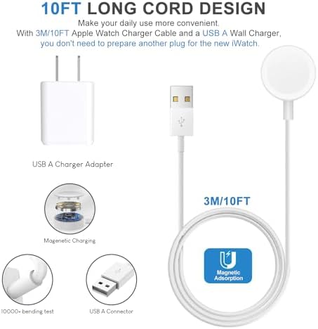 Ultimate 6.6 FT Wireless Fast Charging Cable for Apple Watch – Portable Charger with USB Wall Plug Adapter, Compatible with All Series Including 9/8/7/SE/6/5/4/3/2/1 – Enhanced Charging Speed and Flexibility for On-the-Go Power Solutions