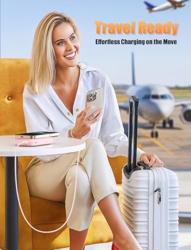 Essri 10000 m Ah Wireless Magnetic Power Bank – PD 22.5 W Fast Charging Portable Charger with Built-in Cable for Mag Safe i Phone 16/15/14/13/12 Series – Stylish Pink Design with Integrated Stand for On-the-Go Convenience and Seamless Power Solutions