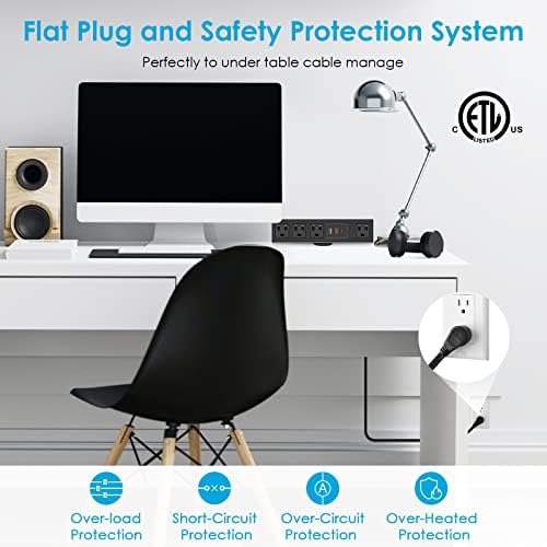CCCEI Universal Desk Clamp Power Strip with Dual USB Ports – Advanced 1200 J Surge Protector for Desktop Mounting, Fast Charging Convenience, 6 FT Flat Plug, Ideal for Bulky Adapters, Fits 1.9 Inch Tabletops – Optimize Your Workspace Efficiency and Safety