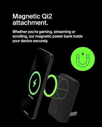 Belkin 5000 m Ah Wireless Power Bank with Qi2 Technology – Mag Safe-Compatible Portable Charger Featuring Built-in Kickstand for i Phone 16, 15, 14, 13, Plus, Pro, Pro Max – Sleek White Design for Seamless Charging on the Go – Optimal Speed & Versatile Compatibility