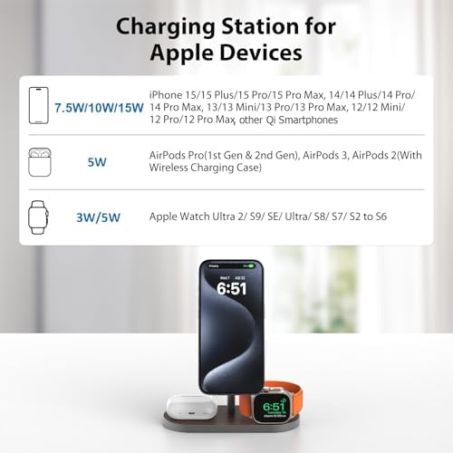 Sleek Aluminum Alloy 3-in-1 Magnetic Wireless Charging Station for Apple Devices – Fast 5 W Charger for i Phone 16/15/14/13/12, Apple Watch 9/8/7/SE & Air Pods – Ideal Travel Accessory for Clutter-Free Charging Solutions