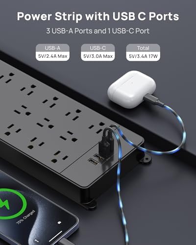 Maximize Your Power Potential with the TROND Heavy-Duty Surge Protector Power Strip: 13 Wide-Spaced Outlets, 32 W Quick Charge USB-C, 4000 Joules Protection, 5 ft Flat Plug Extension Cord, Wall Mountable Design for Seamless Integration in Home and Office Spaces – ETL Listed for Ultimate Safety and Reliability