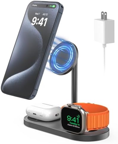 Sleek Aluminum Alloy 3-in-1 Magnetic Wireless Charging Station for Apple Devices – Fast 5 W Charger for i Phone 16/15/14/13/12, Apple Watch 9/8/7/SE & Air Pods – Ideal Travel Accessory for Clutter-Free Charging Solutions