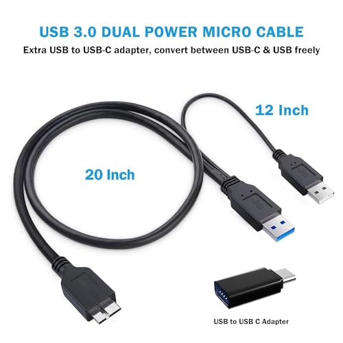 4 Pack High-Speed USB A to Micro B Cable with Dual Power Y Functionality – 20-Inch Micro USB 3.0 Splitter for Reliable Data Transfer up to 5 Gbps – Includes USB to USB C Adapter for Enhanced Device Compatibility and Versatile Use with External SSDs and Laptops
