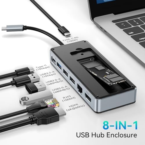 Yottamaster 8-Port USB C Hub with M.2 NVMe SSD Enclosure – High-Speed 10 Gbps USB 3.2 Adapter for Seamless Data Transfer, Stunning 4 K@60 Hz HDMI Output, 100 W Power Delivery & Dual SD/TF Readers – Ultimate Connectivity Solution for Windows & Mac Users to Boost Productivity and Enhance Workflow