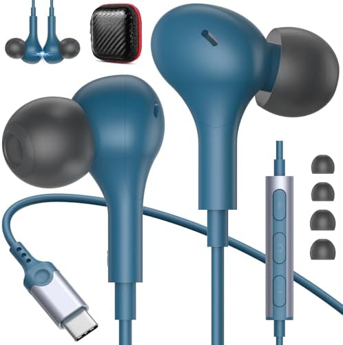 Elevate Your Audio Experience with Lake Blue USB C Earbuds – Premium Noise-Canceling Technology, Integrated Microphone, and User-Friendly Volume Control for Effortless Compatibility with i Phone 16, Galaxy S25 Ultra & i Pad 10 th Gen – Exceptional Sound Quality and Ergonomic Comfort for Audiophiles and Professionals