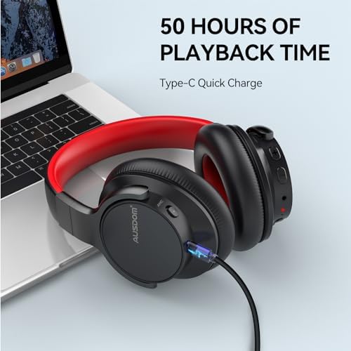 AUSDOM Premium Active Noise Cancelling Over-Ear Bluetooth Headphones – 50-Hour Battery Life for Endless Listening, Rich Deep Bass Performance, Ultra-Comfort Memory Foam Ear Cushions, and Flexible Wired/Wireless Connectivity – Perfect for Travel, Home, and Office Environments