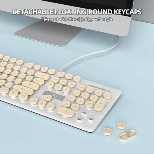 Elevate Your Workspace with the Fogruaden Retro Typewriter Keyboard – Stylish Full-Size USB Design, 104 Round Keys, and White LED Backlighting for Effortless Night Use, Ergonomic & Silent Membrane Keys Perfect for Windows PC and Laptops, Ideal for Writers and Gamers Seeking a Unique Vintage Touch