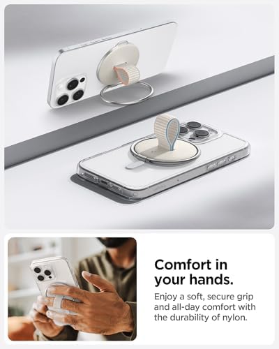 Spigen O-Mag Magnetic Phone Holder Grip with Finger Strap Loop – Dune Beige – Perfectly Designed for i Phone 16/15/14/13/12 Series – Enhanced Mag Safe Compatibility & Secure Grip for Effortless Use – Adjustable Kickstand & Durable Nylon Strap for Everyday Convenience – Elevate Your Smartphone Experience with Style