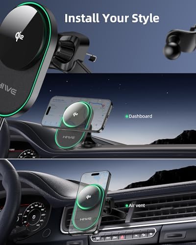 Revolutionary Hi We Mag Safe Car Mount Charger with Built-in Find My Feature, Qi2-Certified 15 W Fast Charging for i Phone 12/13/14/15/16 Series – Secure Magnetic Wireless Solution for Air Vent & Dashboard Use, Sleek Black Finish for Enhanced Vehicle Aesthetics