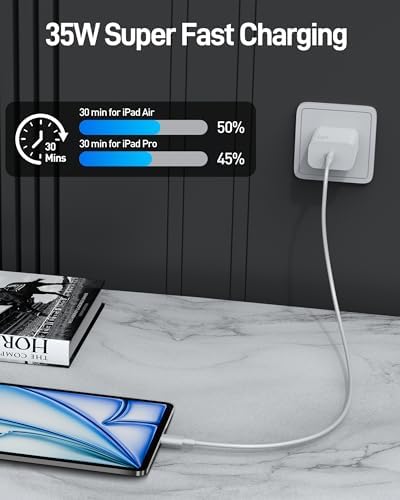 35 W USB-C Rapid Charging Wall Adapter with 6 FT Type-C Cable for i Pad Pro 2024/2022/2021/2020, Air 6/5, Mini 7/6 – Ultra-Portable, High-Efficiency Charger for Professionals and Students, Optimized for Seamless Device Compatibility and Speed