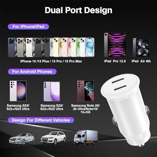Dual-Port 45 W USB C Car Charger Adapter for Apple Devices – MFi Certified Fast Charger with 3 ft Lightning Cable (Pack of 2) – Rapid Charging for i Phone 14/13/12/11 Pro Max, i Pad, and Air Pods – Durable & Portable Power Solution for On-the-Go Lifestyle