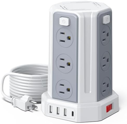 SMALLRT Power Tower Surge Protector – 10 Ft Extension Cord with 12 AC Outlets & 4 USB Ports (1 USB-C) – Ultimate Charging Station for Home & Office – Enhanced Device Compatibility & Safety