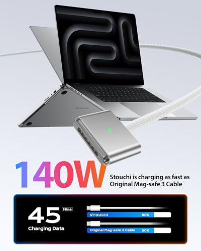 Stouchi USB-C to Magnetic 3 Cable (6.6 ft) – 140 W Fast Charging for Mac Book Air & Pro Models – Premium Braided Design for Enhanced Durability and Effortless Connectivity – Ideal Accessory for Efficient Power Delivery and Hassle-Free Use – Sleek White Finish for Modern Aesthetics