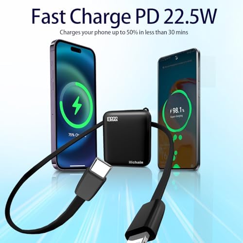 Sleek Gold Portable Power Bank with Built-in Cables and LED Battery Indicator – 10,000 m Ah USB-C Fast Charging Power Pack for i Phone, i Pad, Samsung, and Android Devices – Essential Travel Charger with Intelligent Safety Technology for Ultimate On-the-Go Convenience