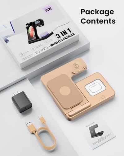 GEEKERA 3 in 1 Foldable Wireless Charger Stand for Samsung Devices – Fast Charge Station for Galaxy Watch6/5 Pro/4/3/Active, S24/S23/S22/S21, Z Flip/Fold Series & Buds 2 Pro – Sleek, Portable Design for Home/Office Travel
