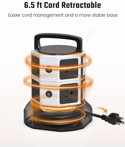 JACKYLED Power Strip Tower Surge Protector with 12 Outlets and 6 USB Ports (2 USB-C) – High-Speed Charging Station with 1050 Joules Protection, 1625 Watts, 6.5 ft Extension Cord for Enhanced Home Office Efficiency and Device Safety