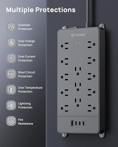 Maximize Your Power Potential with the TROND Heavy-Duty Surge Protector Power Strip: 13 Wide-Spaced Outlets, 32 W Quick Charge USB-C, 4000 Joules Protection, 5 ft Flat Plug Extension Cord, Wall Mountable Design for Seamless Integration in Home and Office Spaces – ETL Listed for Ultimate Safety and Reliability