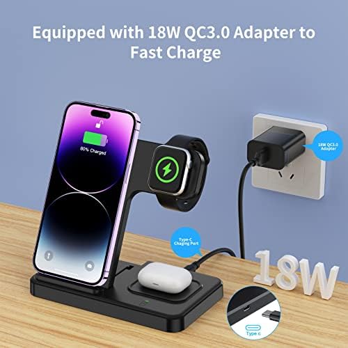 Revolutionize Your Device Power-Up: Premium 3-in-1 Wireless Charging Station for Apple Products – 18 W Fast Charge for i Phone 15, 14 Pro Max, 13, 12, 11, Apple Watch Series 8-2, and Air Pods Pro, 3, 2 – Sleek, Space-Saving Design for Effortless Multi-Device Charging in Home or Office – Enjoy Unparalleled Convenience, Speed, and Durability with High-Quality Materials, Tailored for Tech Enthusiasts Seeking a Clutter-Free Power Solution.