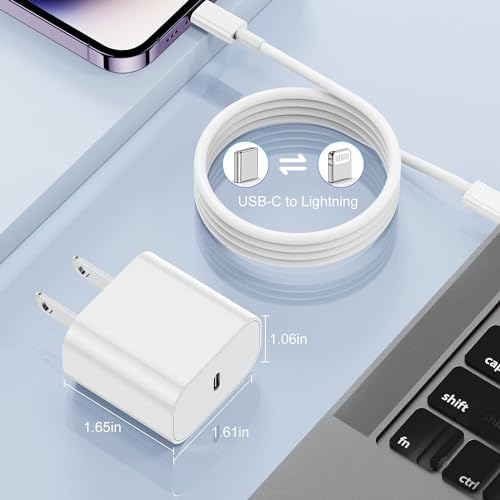 Lightning-Fast 20 W Apple Charger with MFi Certification – 6 ft USB-C to Lightning Cable Included for i Phone 14 Pro Max/14/13 Pro/12 Mini/12/11 & i Pad Air – Compact Power Block for Ultimate Portability and Rapid Charging Efficiency